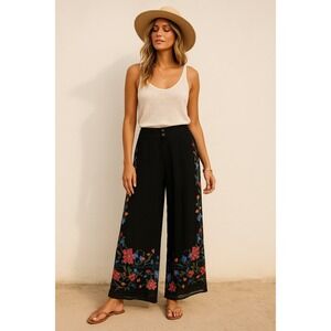 Farm Rio NWT‎ Black Floral Embroidered Palazzo Pants Boho Wide Leg Size P 27x31